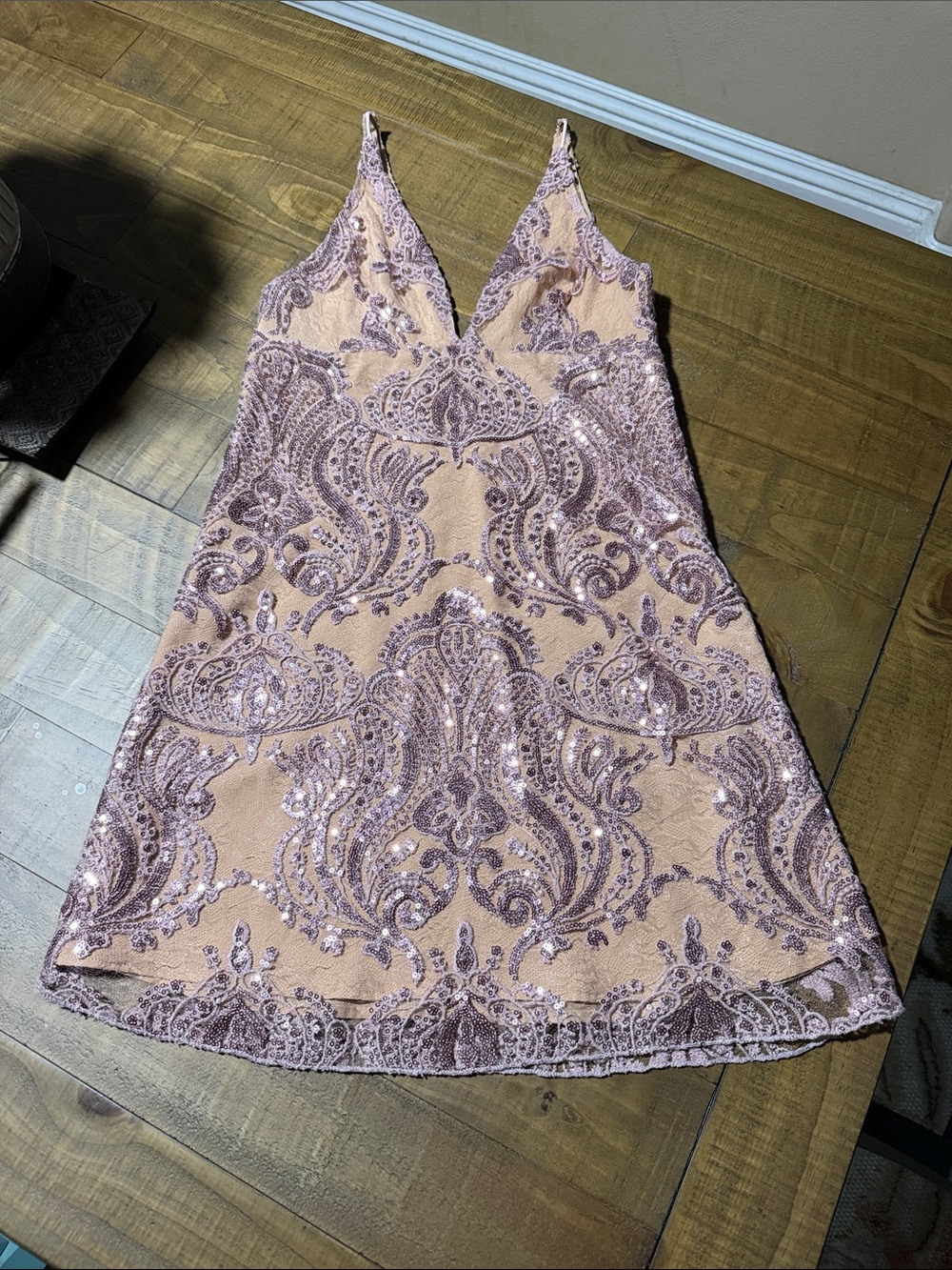 Free People Night Shimmer Rose Nude Sequin V-Neck Mini Dress - Picture 3 of 5